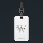Personalised Script Groomsmen's name and Monogram  Luggage Tag<br><div class="desc">Add a personal touch to your wedding with personalised groomsmen luggage tag. This luggage tag features personalised groomsman's name in grey classic script font style with wedding details in grey classic serif font style and monogram in light grey classic serif font style as background, on white background. Also perfect for...</div>