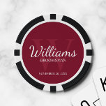 Personalised Script Groomsmen's name and Monogram Poker Chips<br><div class="desc">Add a personal touch to your wedding with personalised groomsmen poker chips. This design features personalised groomsman's name in white classic script font style with wedding details in white classic serif font style and monogram in light burgundy red classic serif font style as background, on burgundy red background. Also perfect...</div>