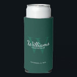 Personalised Script Groomsmen's name and Monogram  Seltzer Can Cooler<br><div class="desc">Add a personal touch to your wedding with personalised groomsmen can cooler. This can cooler features personalised groomsman's name in white classic script font style with wedding details in white classic serif font style and monogram in light emerald green classic serif font style as background, on emerald green background. Also...</div>