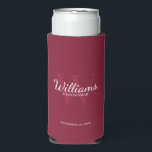 Personalised Script Groomsmen's name and Monogram  Seltzer Can Cooler<br><div class="desc">Add a personal touch to your wedding with personalised groomsmen can cooler. This can cooler features personalised groomsman's name in white classic script font style with wedding details in white classic serif font style and monogram in light burgundy red classic serif font style as background, on burgundy red background. Also...</div>