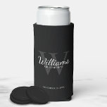 Personalised Script Groomsmen's name and Monogram  Seltzer Can Cooler<br><div class="desc">Add a personal touch to your wedding with personalised groomsmen can cooler. This can cooler features personalised groomsman's name in white classic script font style with wedding details in white classic serif font style and monogram in grey classic serif font style as background, on black background. Also perfect for best...</div>