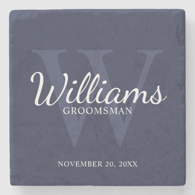 Personalised Script Groomsmen's name and Monogram  Stone Coaster (Front)