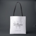 Personalised Script Groomsmen's name and Monogram Tote Bag<br><div class="desc">Add a personal touch to your wedding with personalised groomsmen tote bag. This bag features personalised groomsman's name in grey classic script font style with wedding details in grey classic serif font style and monogram in light grey classic serif font style as background, on white background. Also perfect for best...</div>
