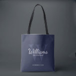 Personalised Script Groomsmen's name and Monogram  Tote Bag<br><div class="desc">Add a personal touch to your wedding with personalised groomsmen tote bag. This bag features personalised groomsman's name in white classic script font style with wedding details in white classic serif font style and monogram in light navy blue classic serif font style as background, on navy blue background. Also perfect...</div>
