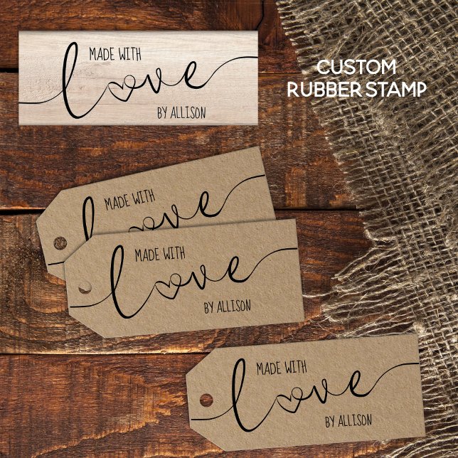 Personalised Script Lettering Made With Love Rubber Stamp (Personalized "Made With Love" rubber stamp for your homemade, hand-made gifts and products.)
