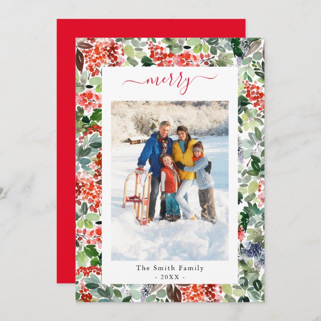 Personalised Script Merry Photo Flat Holiday Card (Front/Back)