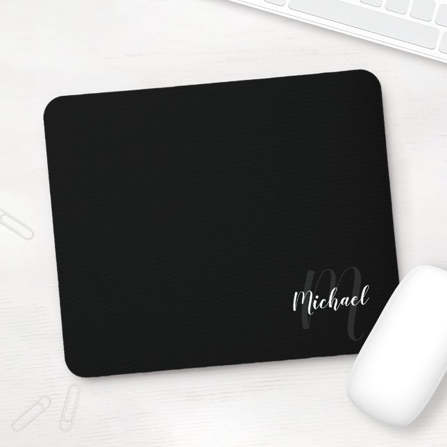 Personalised Script Monogram and Name Black Mouse Pad (Creator Uploaded)