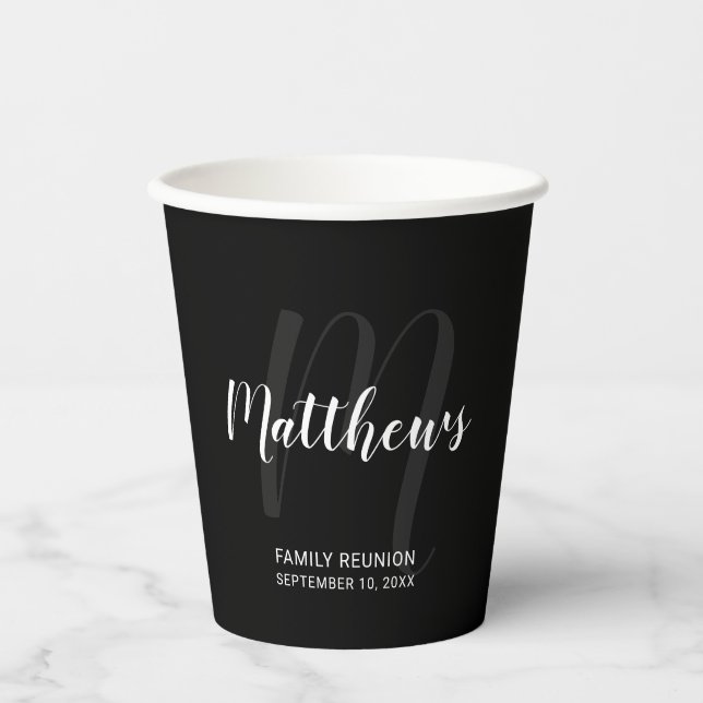Personalised Script Monogram and Name Black Paper Cups (Front)
