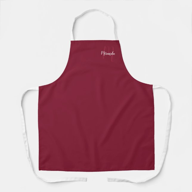 Personalised Script Monogram and Name Burgundy Red Apron (Front)