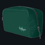 Personalised Script Monogram and Name Groomsmen Dopp Kit<br><div class="desc">Add a personal touch to your wedding with personalised groomsmen gift. This design features personalised groomsman's name in white classic script font style with wedding details in white classic serif font style and monogram in light emerald green classic serif font style as background on emerald green background. Also perfect for...</div>