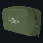 Personalised Script Monogram and Name Groomsmen Dopp Kit<br><div class="desc">Add a personal touch to your wedding with personalised groomsmen gift. This design features personalised groomsman's name in white classic script font style with wedding details in white classic serif font style and monogram in light olive green classic serif font style as background on olive green background. Also perfect for...</div>