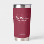 Personalised Script Monogram and Name Groomsmen Insulated Tumbler<br><div class="desc">Add a personal touch to your wedding with personalised groomsmen gift. This design features personalised groomsman's name in white classic script font style with wedding details in white classic serif font style and monogram in light burgundy red classic serif font style as background on burgundy red background. Also perfect for...</div>