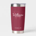 Personalised Script Monogram and Name Groomsmen Insulated Tumbler<br><div class="desc">Add a personal touch to your wedding with personalised groomsmen gift. This design features personalised groomsman's name in white classic script font style with wedding details in white classic serif font style and monogram in light burgundy red classic serif font style as background on burgundy red background. Also perfect for...</div>