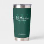 Personalised Script Monogram and Name Groomsmen Insulated Tumbler<br><div class="desc">Add a personal touch to your wedding with personalised groomsmen gift. This design features personalised groomsman's name in white classic script font style with wedding details in white classic serif font style and monogram in light emerald green classic serif font style as background on emerald green background. Also perfect for...</div>