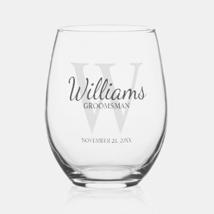 Personalised Script Monogram and Name Groomsmen Stemless Wine Glass