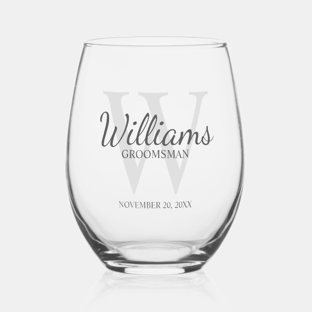 Personalised Script Monogram and Name Groomsmen Stemless Wine Glass (Front)