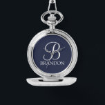Personalised Script Monogram and Name Keychain Watch<br><div class="desc">Personalised Monogram and Name Gift
features personalised monogram in white classic script font style and name in white classic serif font style on navy blue background.

Perfect as holiday gifts,  family reunion favours and for any special occasions.</div>