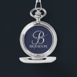 Personalised Script Monogram and Name Keychain Watch<br><div class="desc">Personalised Monogram and Name Gift
features personalised monogram in white classic script font style and name in white classic serif font style on navy blue background.

Perfect as holiday gifts,  family reunion favours and for any special occasions.</div>