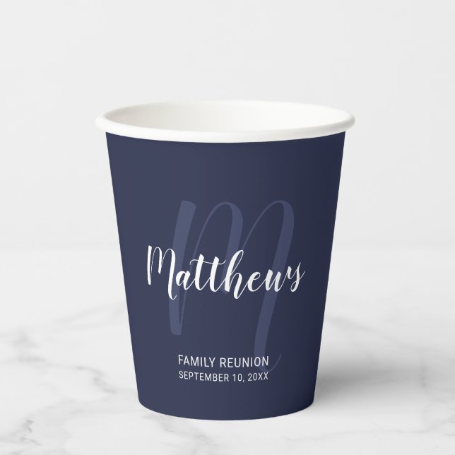 Personalised Script Monogram and Name Navy Blue Paper Cups (Front)