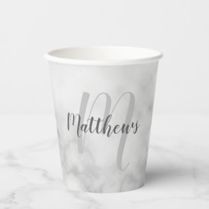 Personalised Script Monogram and Name White Marble Paper Cups