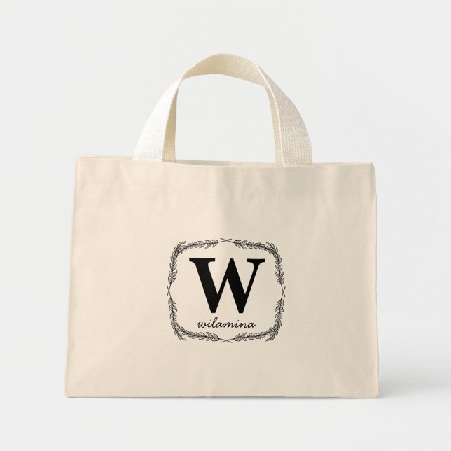Personalised Script Monogram Initial & Name Wreath Mini Tote Bag (Front)