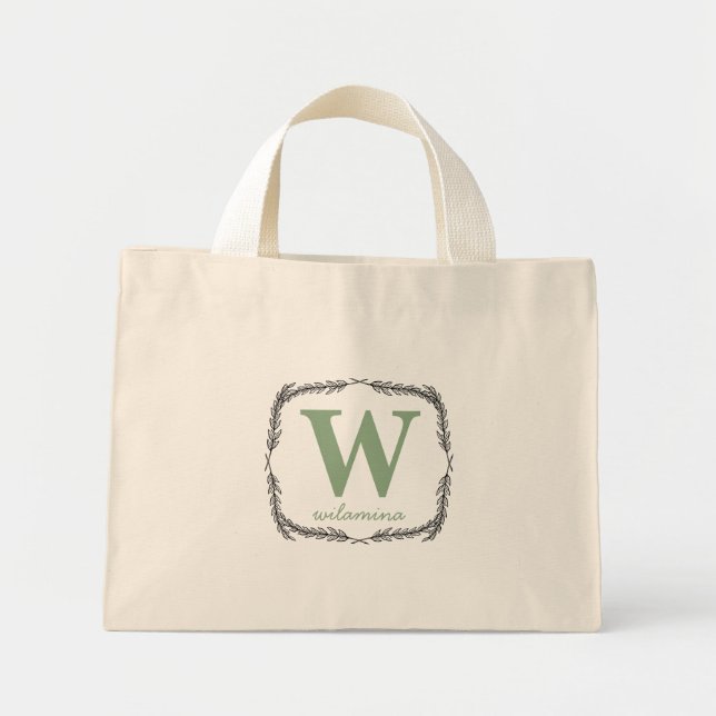 Personalised Script Monogram Initial & Name Wreath Mini Tote Bag (Front)