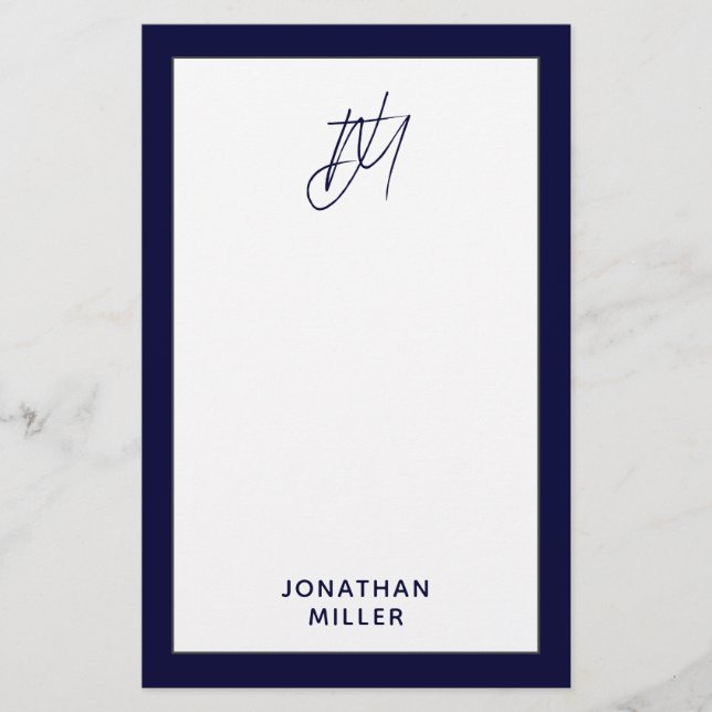 Personalised Script Monogram Navy Blue Stationery (Front)