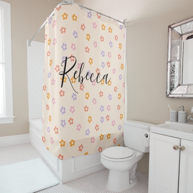 Personalised Script Name Coloured Daisy Pattern Shower Curtain (In Situ)