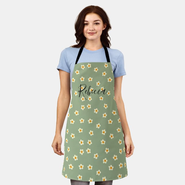 Personalised Script Name Cute Daisy Floral Green Apron (Worn)