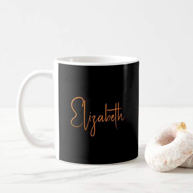 Personalised Script Name Elegant Black Custom Coffee Mug (With Donut)