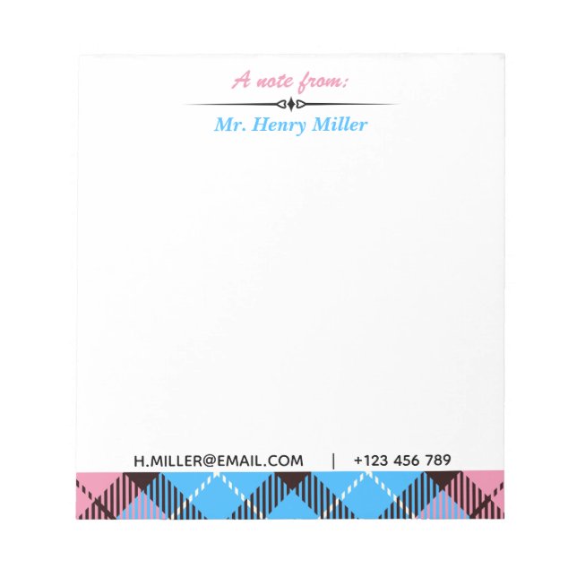 Personalised Script Name Email Tel Plaid Tartan Notepad (Front)