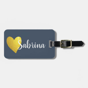 Personalised Script Name Gold Glitter Heart Navy Luggage Tag