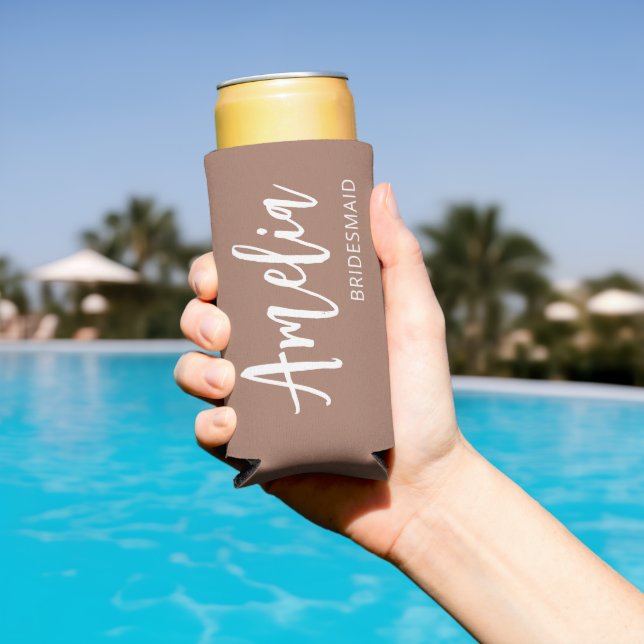 Personalised Script Name Mocha Brown Bachelorette Seltzer Can Cooler (In Situ Pool)