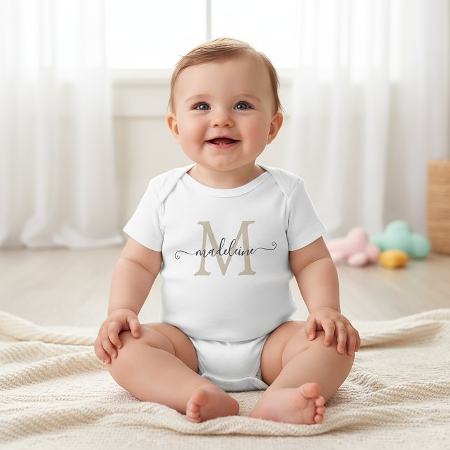 Personalised Script Name Monogram Beige Baby Bodysuit (Creator Uploaded)