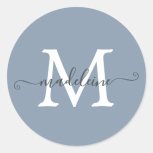 Personalised Script Name Monogram Dusty Blue Classic Round Sticker