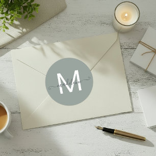 Personalised Script Name Monogram Dusty Green Classic Round Sticker