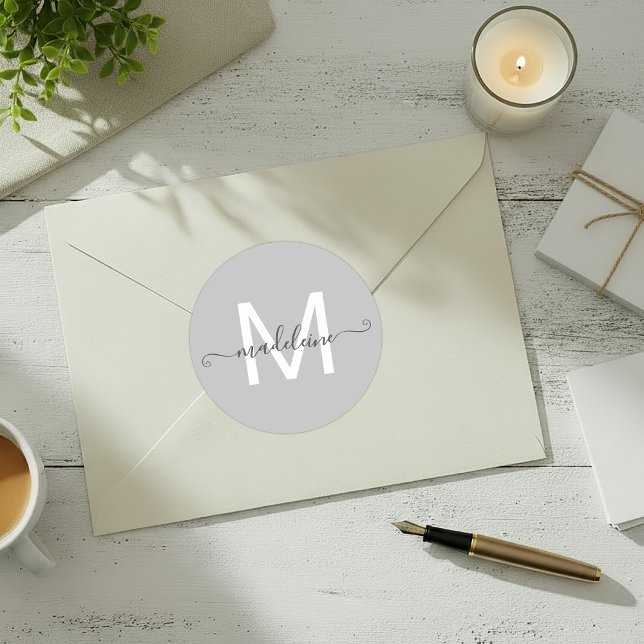 Personalised Script Name Monogram Grey Classic Round Sticker (Creator Uploaded)