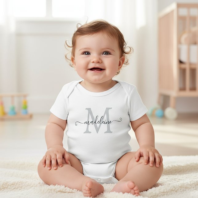 Personalised Script Name Monogram Silver Grey Baby Bodysuit (Creator Uploaded)
