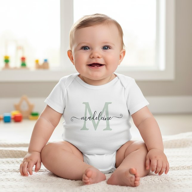 Personalised Script Name Monogram Soft Green Baby Bodysuit (Creator Uploaded)