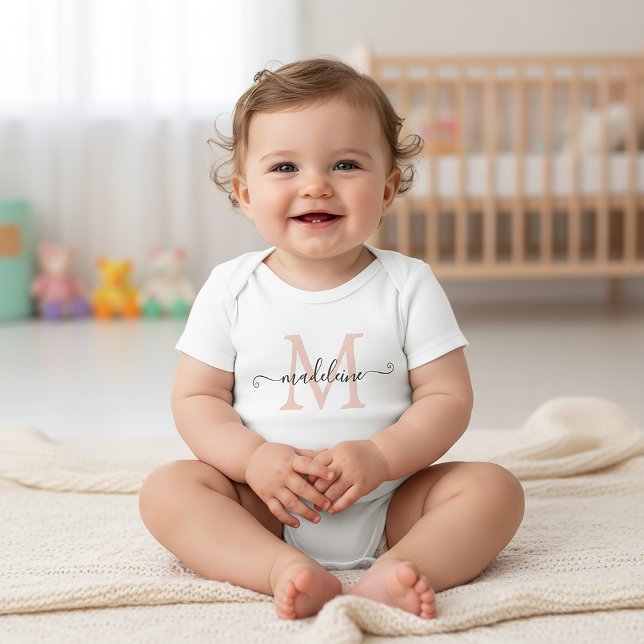 Personalised Script Name Monogram Soft Pink Baby Bodysuit (Creator Uploaded)