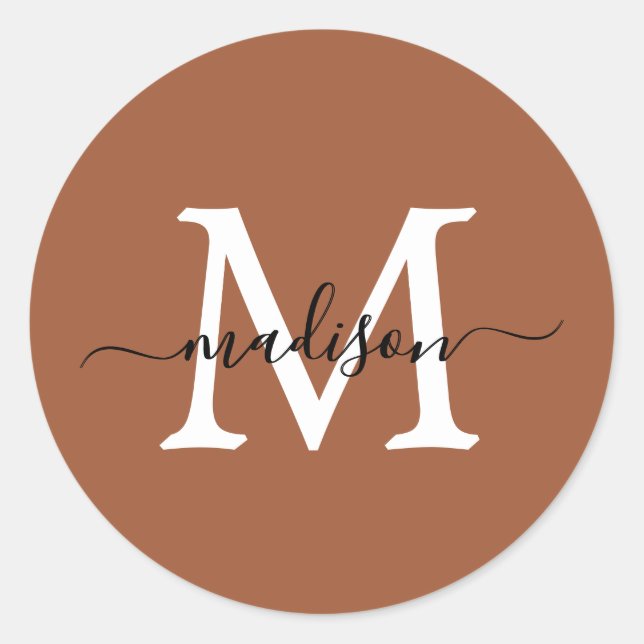 Personalised Script Name Monogram Terracotta Classic Round Sticker (Front)
