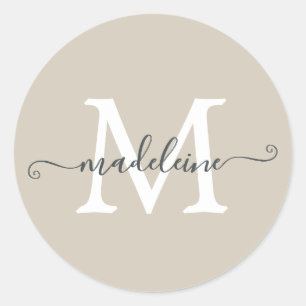 Personalised Script Name Monogram Warm Beige Classic Round Sticker