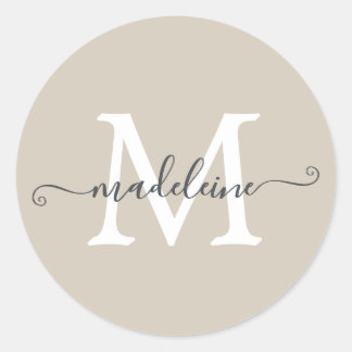 Personalised Script Name Monogram Warm Beige Classic Round Sticker