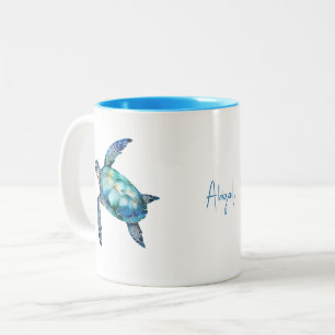 Personalised Script Name Turquoise Sea Turtle Two-Tone Coffee Mug