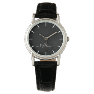 Personalised Script Signature Black Leather watch