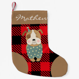 Personalised script Trendy buffalo plaid red brown Small Christmas Stocking
