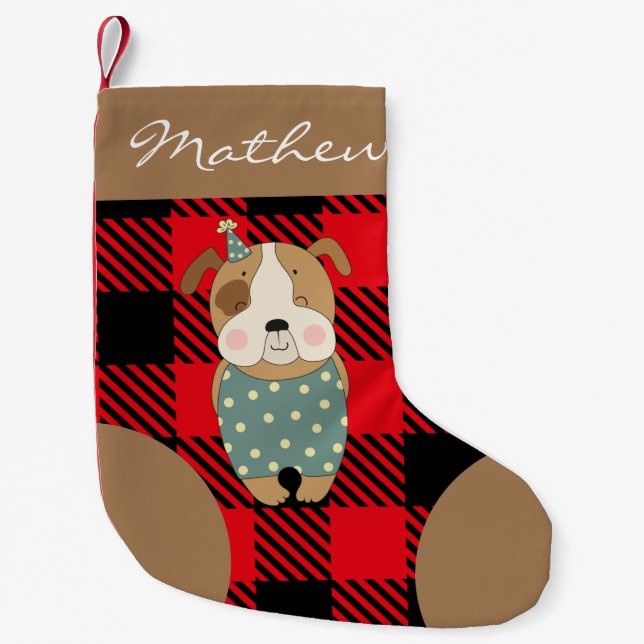 Personalised script Trendy buffalo plaid red brown Small Christmas Stocking (Front)