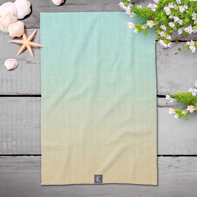 Personalised Sea Green Sand Orange Beach Tea Towel (Personalized Sea Green Sand Orange Beach Kitchen Towel)