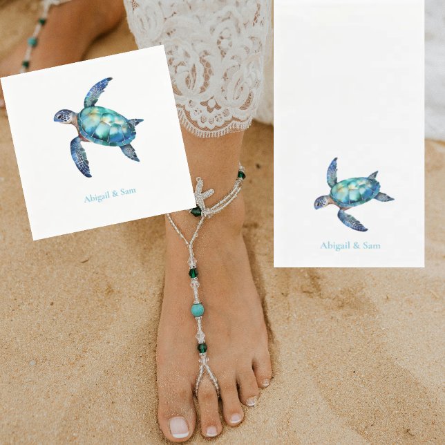 Personalised Sea Turtle Beach Wedding Cocktail Napkin (Creator Uploaded)