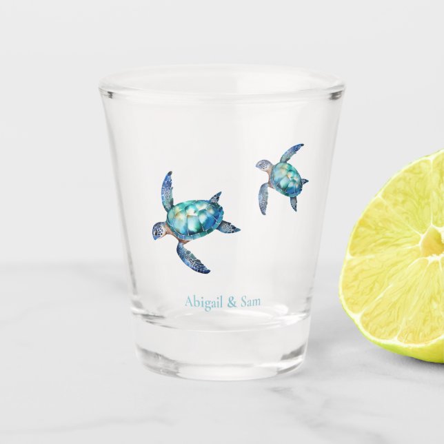 Personalised Sea Turtle Beach Wedding Shot Glass (Front)